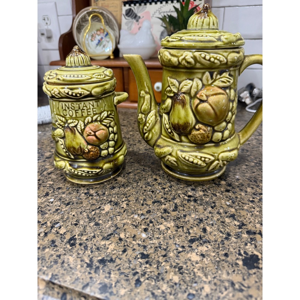 Vintage Japan Green Fruit Majolica Teapot and Instant Coffee Canister Set